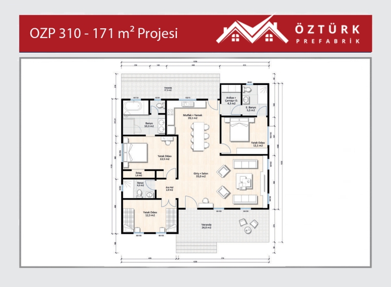 OZP 310 - 171 m2 3+1 Tek Katlı Hafif Çelik Ev 4. Fotoğrafı