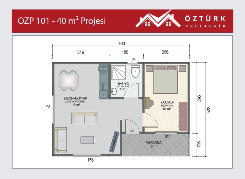 OZP 101 - Tek Katlı 40 m2 Prefabrik Ev 2. Fotoğrafı